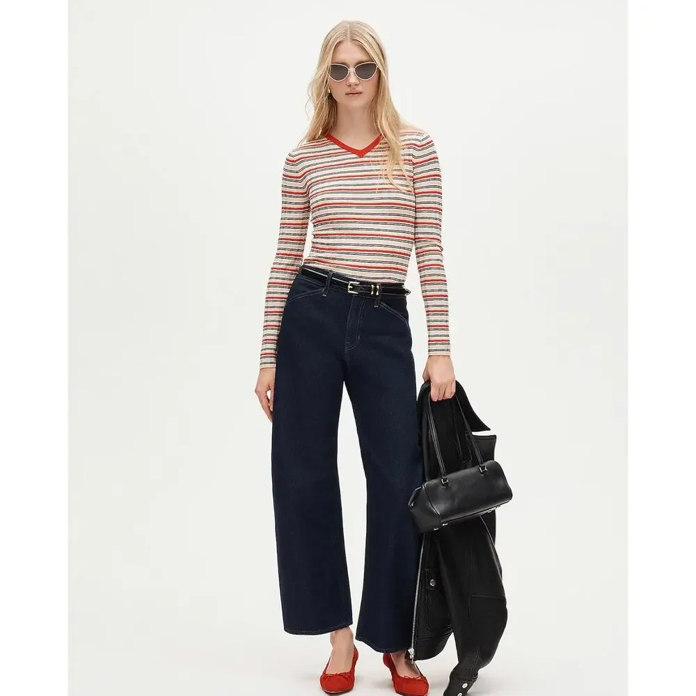 J. Crew Wide-rib high V-neck sweater striped merino wool Red Apricot NWT Small